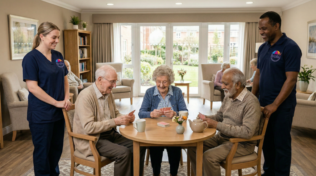 Care team and residents at a table in a warm residential care home