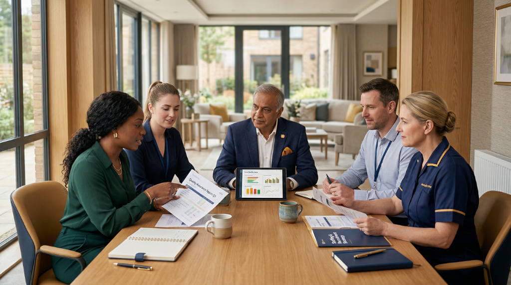 Care leaders reviewing data around a table